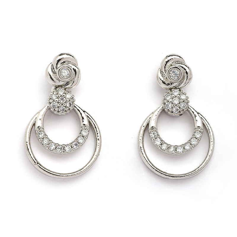 Rhodium Plated Silver Toned Rose Shaped White American Diamond Studded Jewellery Set