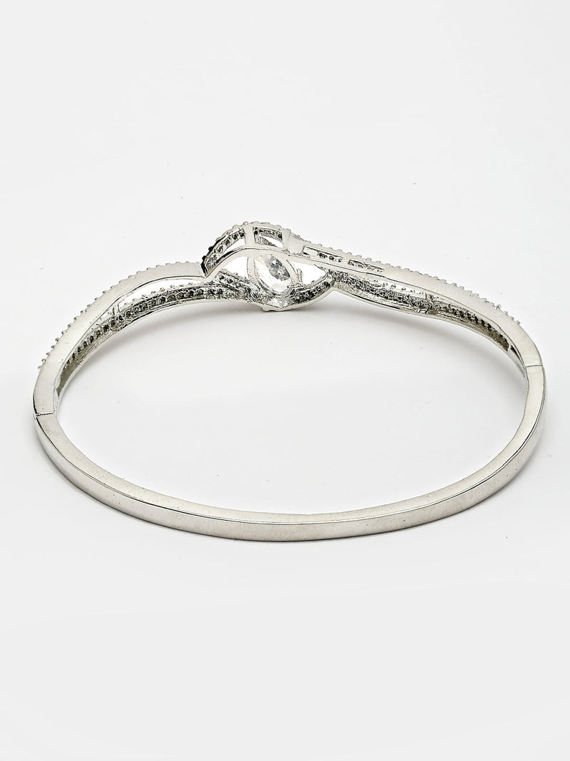 Rhodium Plated Silver Toned White Tear Drop Shaped American Diamond Studded Bracelet