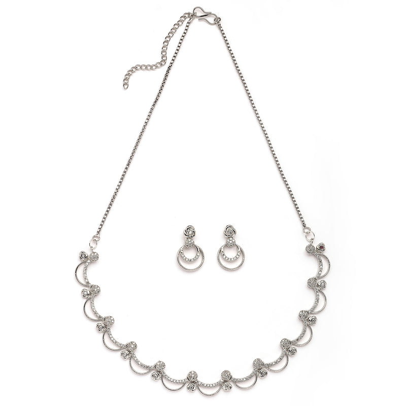 Rhodium Plated Silver Toned Rose Shaped White American Diamond Studded Jewellery Set