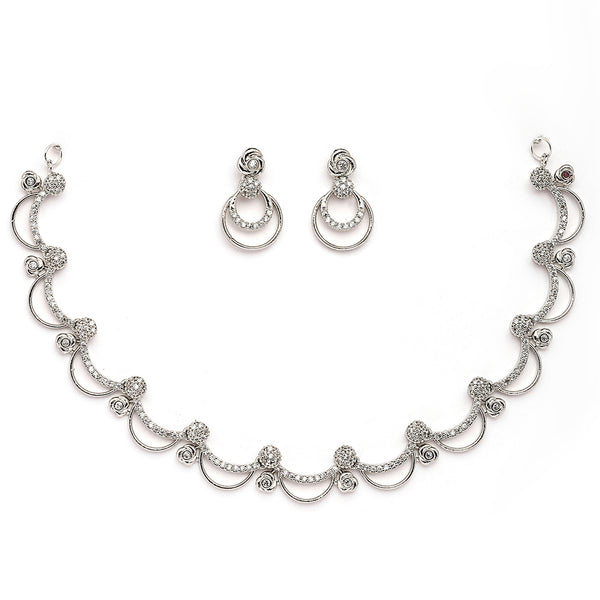 Rhodium Plated Silver Toned Rose Shaped White American Diamond Studded Jewellery Set