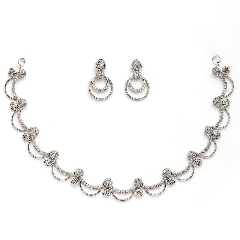 Rhodium Plated Silver Toned Rose Shaped White American Diamond Studded Jewellery Set