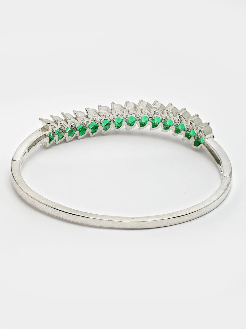 Rhodium Plated Silver Toned Leaf Shaped Green American Diamond Studded Bracelet