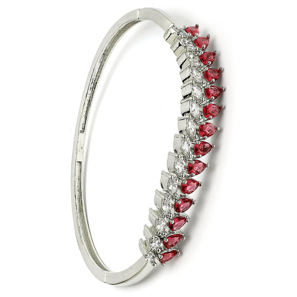 Rhodium Plated Silver Toned Leaf Shaped Ruby Red American Diamond Studded Bracelet