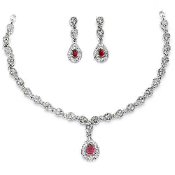 Rhodium Plated Silver Toned Teardrop Shaped Red & White American Diamond Studded Jewellery Set