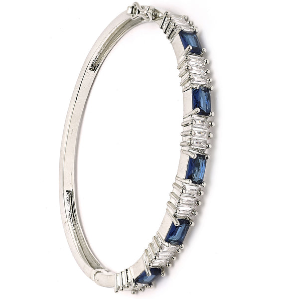 Rhodium Plated Silver Toned Royal Blue  American Diamond Studded Bracelet
