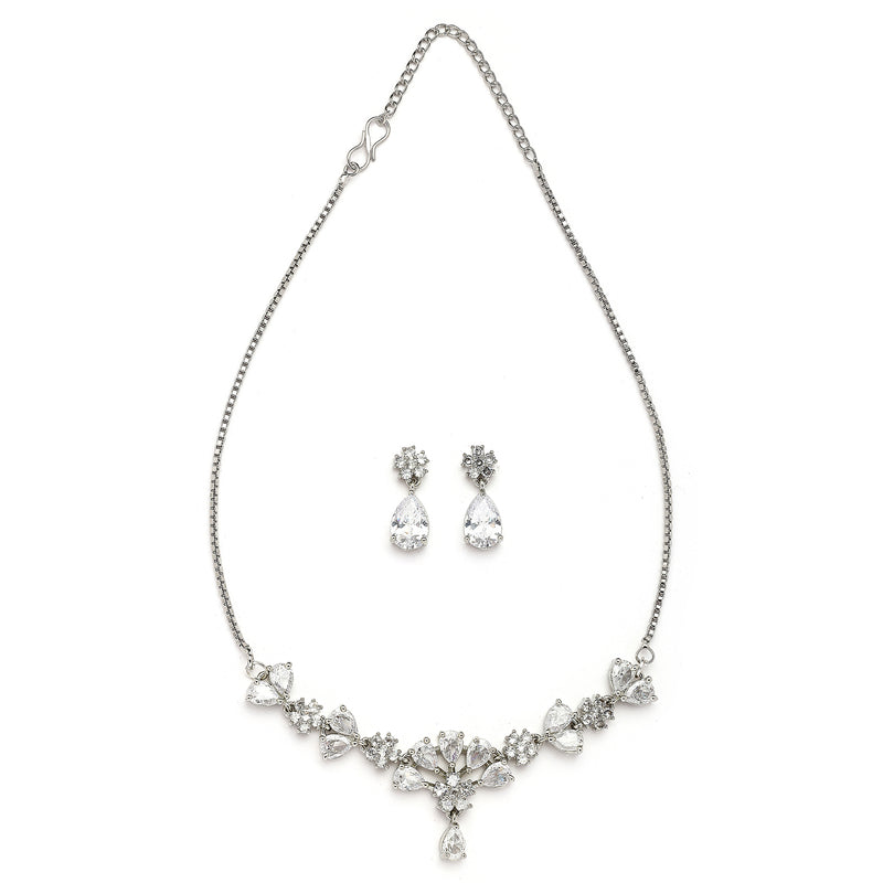 Rhodium Plated Silver Toned Floral Shaped White American Diamond Studded Jewellery Set