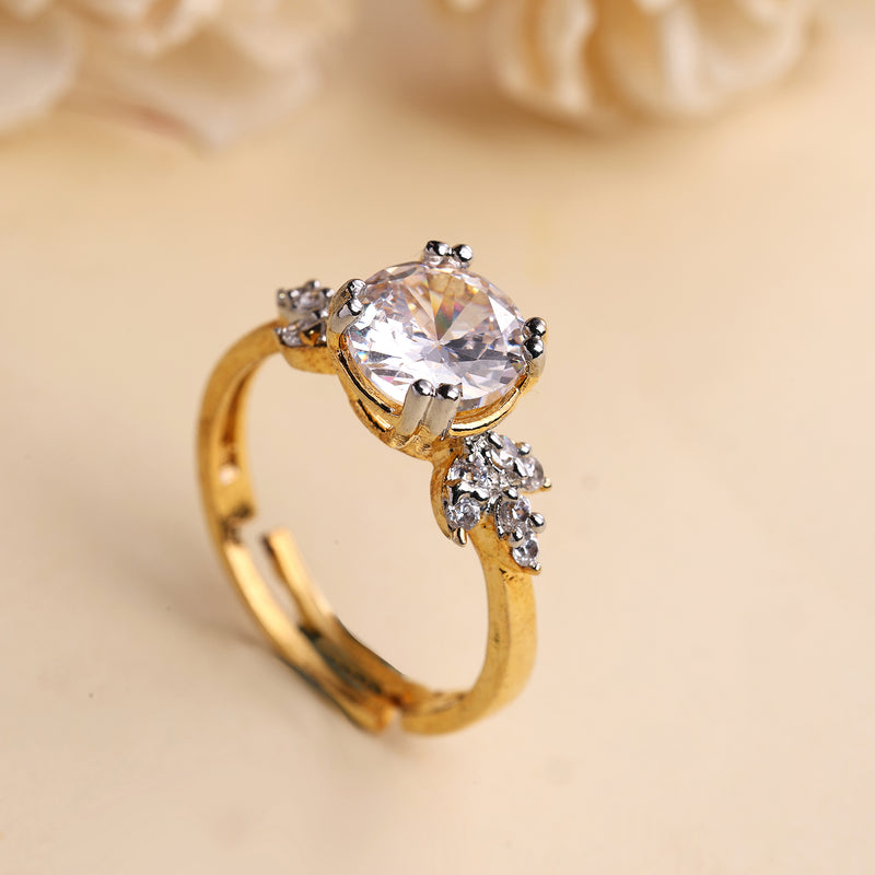 Gold Plated Stylish Sleek White American Diamond Studded Adjustable Ring