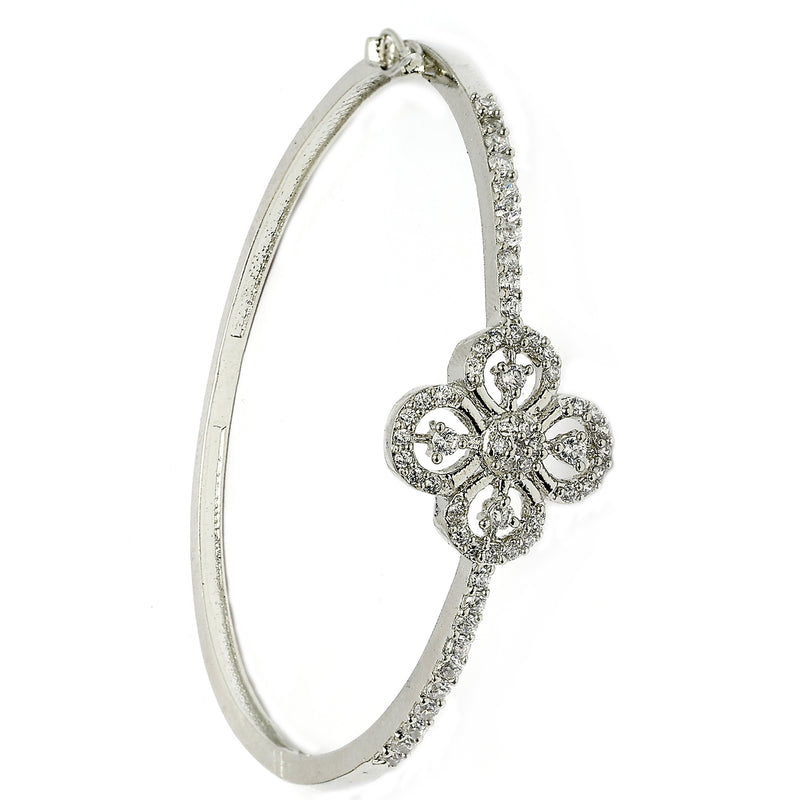 Rhodium Plated Silver Toned Floral White American Diamond Studded Bracelet