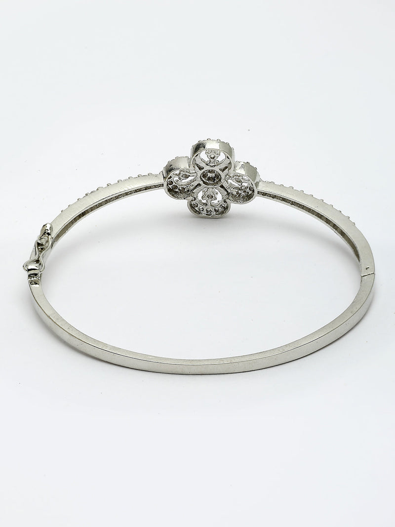 Rhodium Plated Silver Toned Floral White American Diamond Studded Bracelet