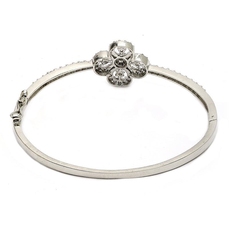 Rhodium Plated Silver Toned Floral White American Diamond Studded Bracelet