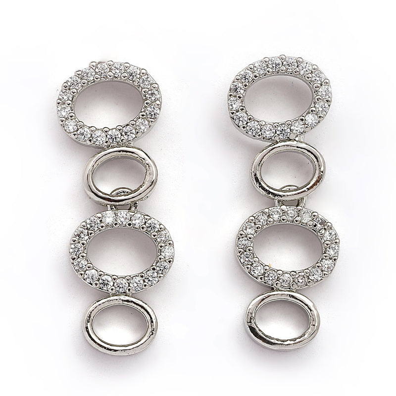 Rhodium Plated Silver Toned Oval Shaped White American Diamond Studded Jewellery Set