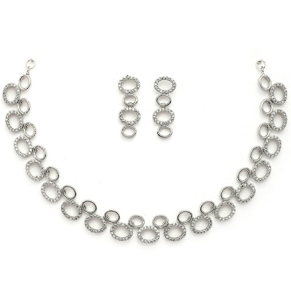 Rhodium Plated Silver Toned Oval Shaped White American Diamond Studded Jewellery Set