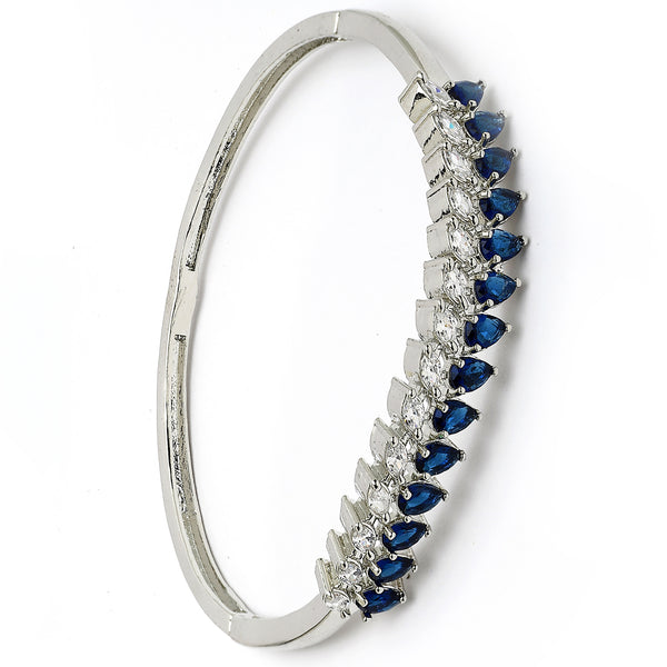 Rhodium Plated Silver Toned Leaf Shaped Royal Blue American Diamond Studded Bracelet