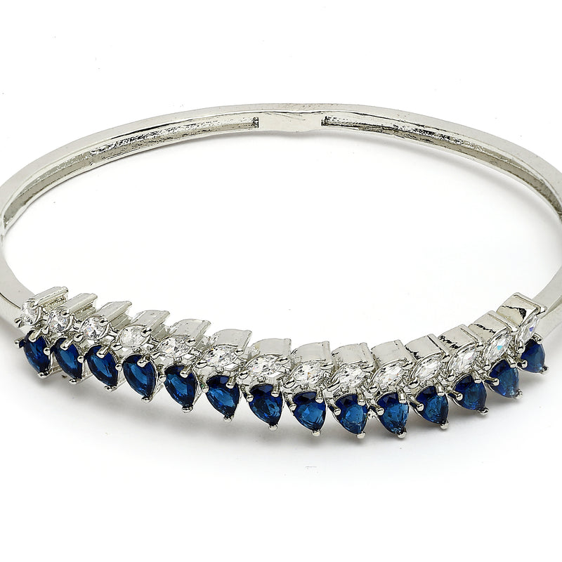 Rhodium Plated Silver Toned Leaf Shaped Royal Blue American Diamond Studded Bracelet