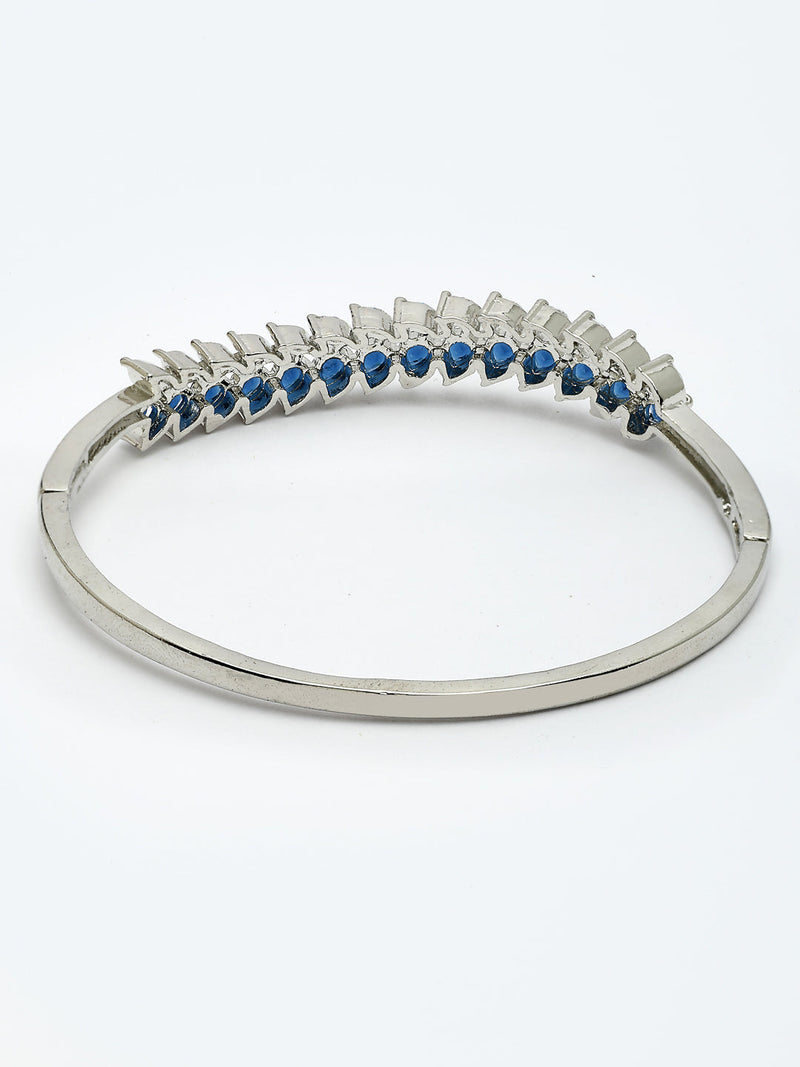 Rhodium Plated Silver Toned Leaf Shaped Royal Blue American Diamond Studded Bracelet