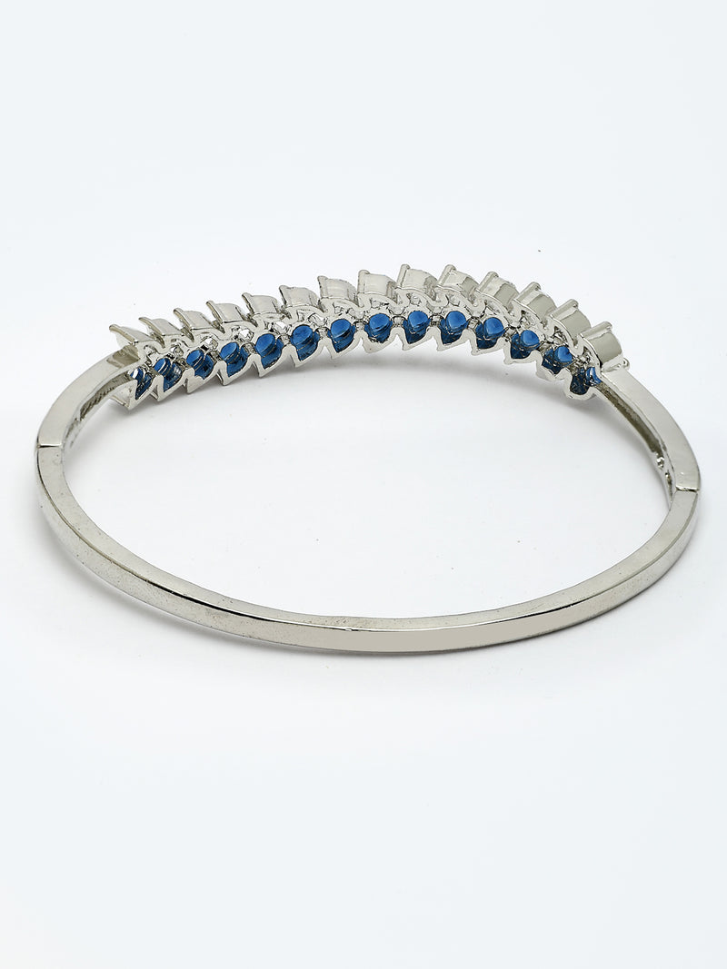 Rhodium Plated with Leaf Shaped Design & Blue American Diamond Studded Kada Bracelet