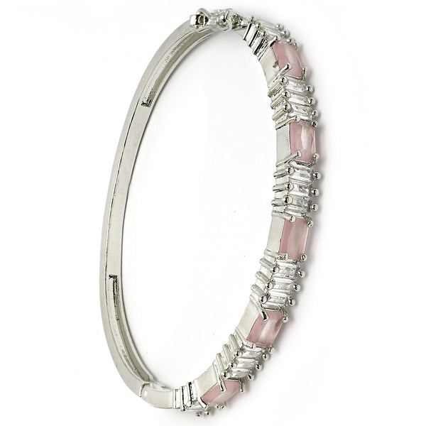 Rhodium Plated Silver Toned Pink & White American Diamond Studded Bracelet