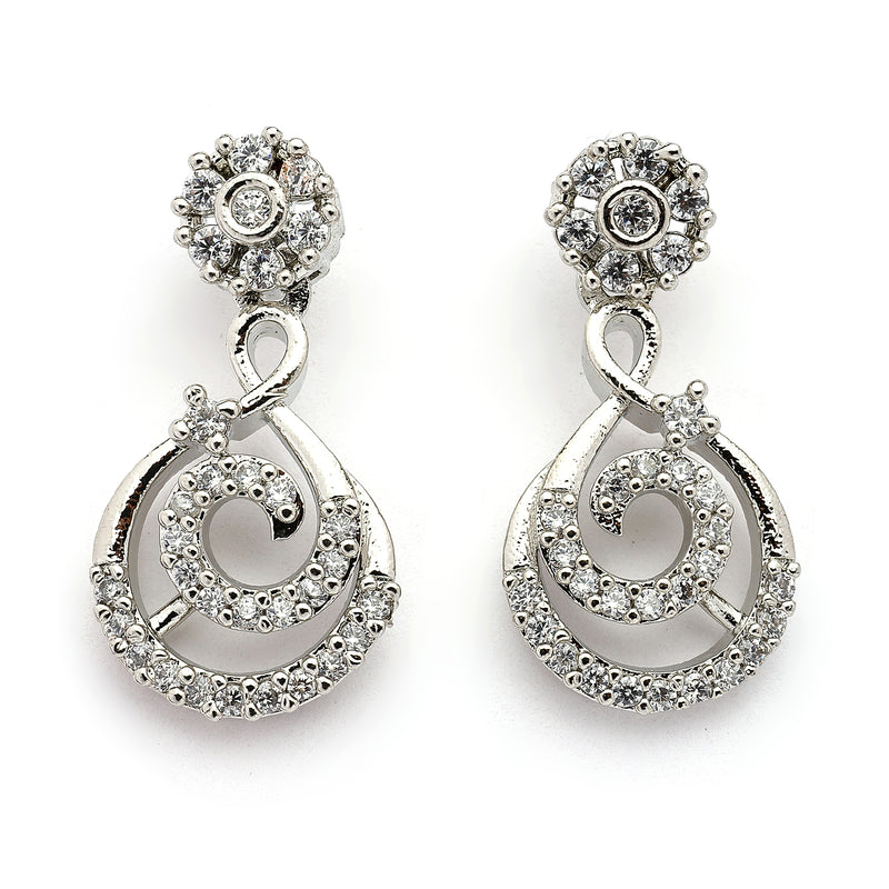 Rhodium Plated Silver Toned Spiral Shaped White American Diamond Studded Jewellery Set