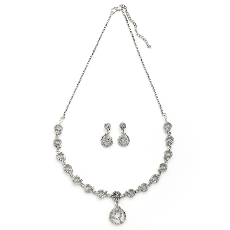 Rhodium Plated Silver Toned Spiral Shaped White American Diamond Studded Jewellery Set