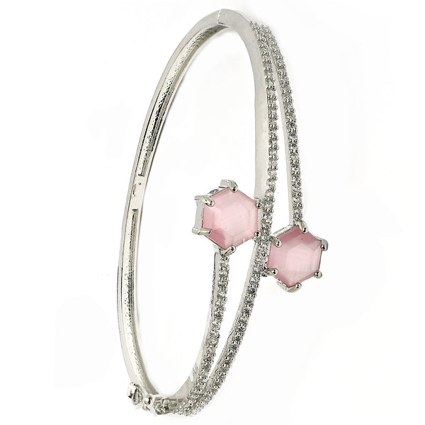 Rhodium Plated Silver Toned Round Shaped Pink American Diamond Studded Bracelet