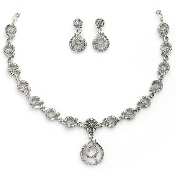Rhodium Plated Silver Toned Spiral Shaped White American Diamond Studded Jewellery Set