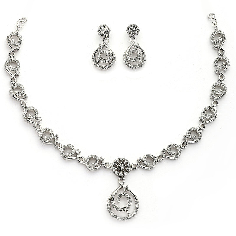 Rhodium Plated Silver Toned Spiral Shaped White American Diamond Studded Jewellery Set