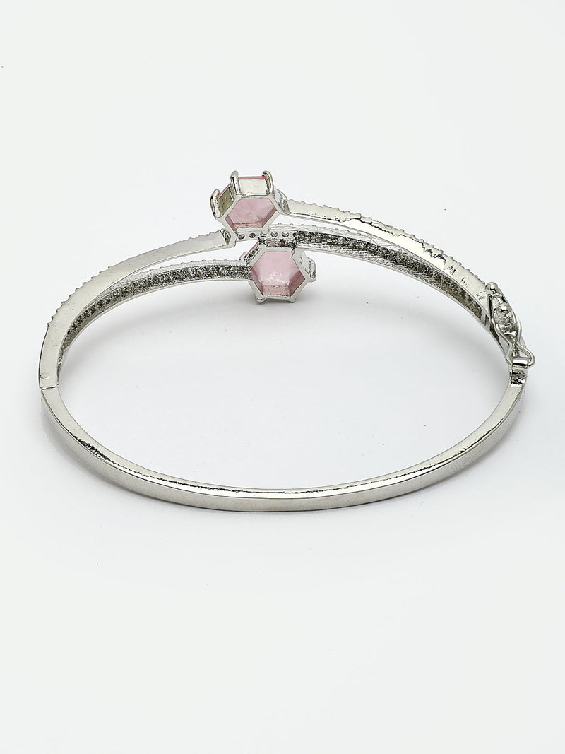 Rhodium Plated Silver Toned Round Shaped Pink American Diamond Studded Bracelet
