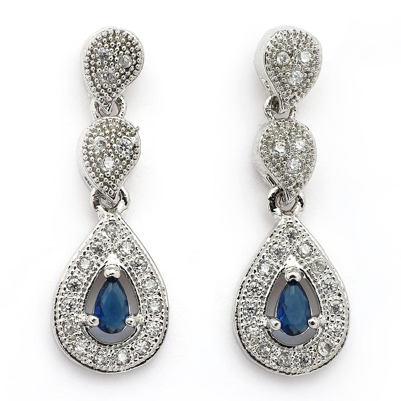 Rhodium Plated Silver Toned Teardrop Shaped Blue & White American Diamond Studded Jewellery Set