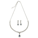 Rhodium Plated Silver Toned Teardrop Shaped Blue & White American Diamond Studded Jewellery Set