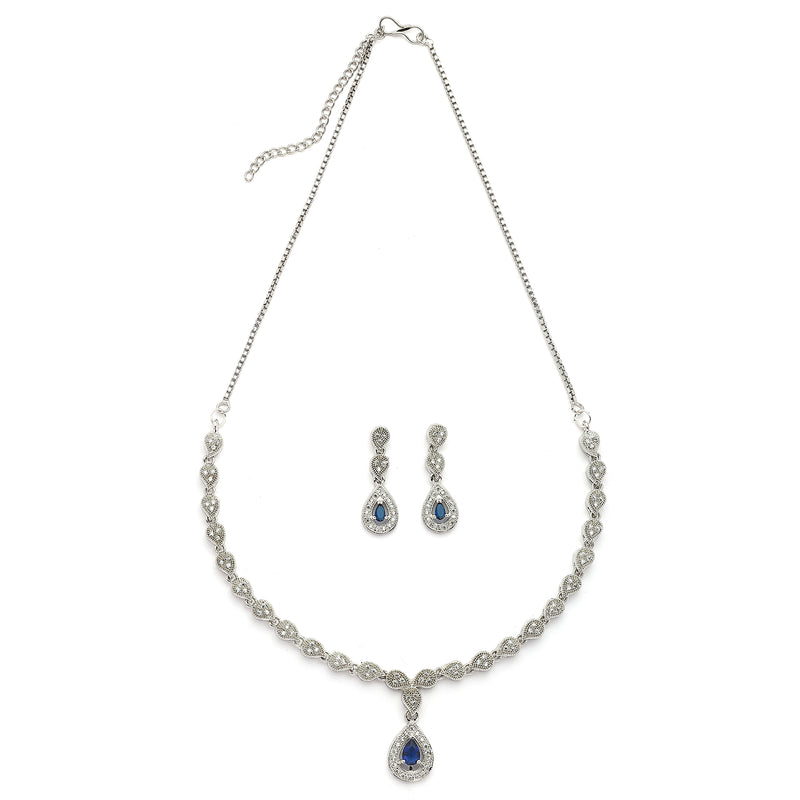 Rhodium Plated Silver Toned Teardrop Shaped Blue & White American Diamond Studded Jewellery Set