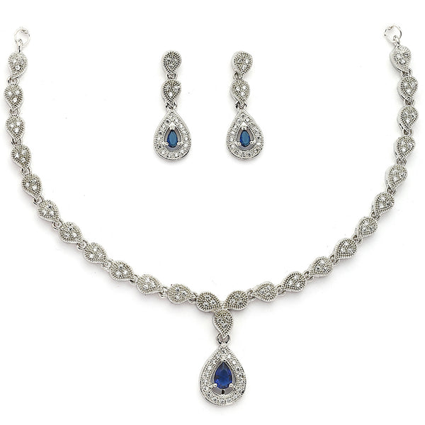 Rhodium Plated Silver Toned Teardrop Shaped Blue & White American Diamond Studded Jewellery Set