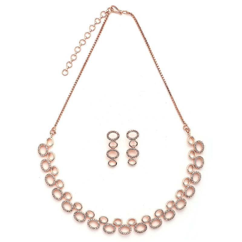 Rose Gold Plated Oval Shaped White American Diamond Studded Jewellery Set