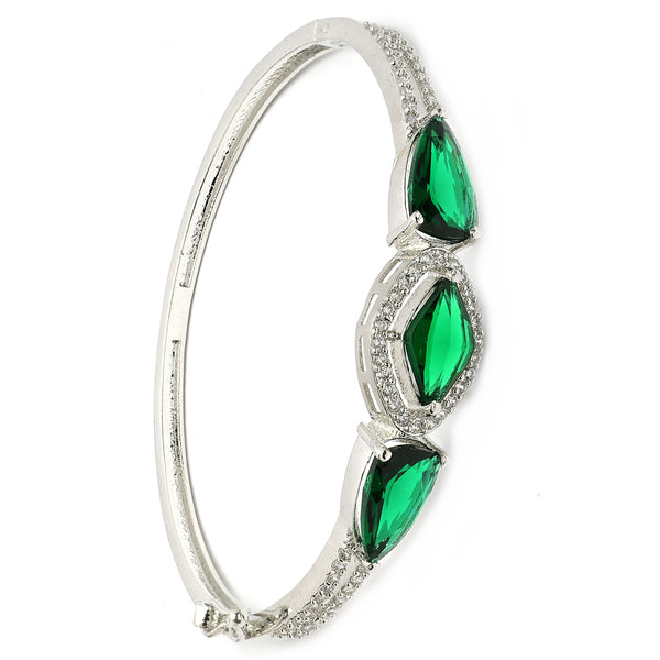 Rhodium Plated Silver Toned Teardrop Shaped Emerald Green American Diamond Studded Bracelet