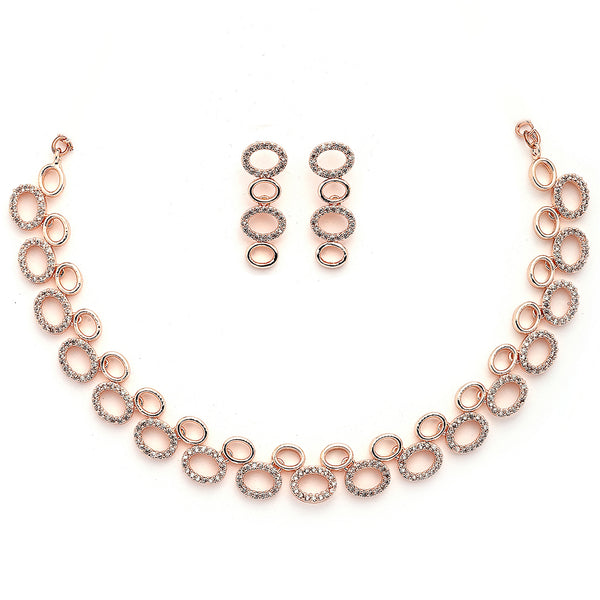 Rose Gold Plated Oval Shaped White American Diamond Studded Jewellery Set