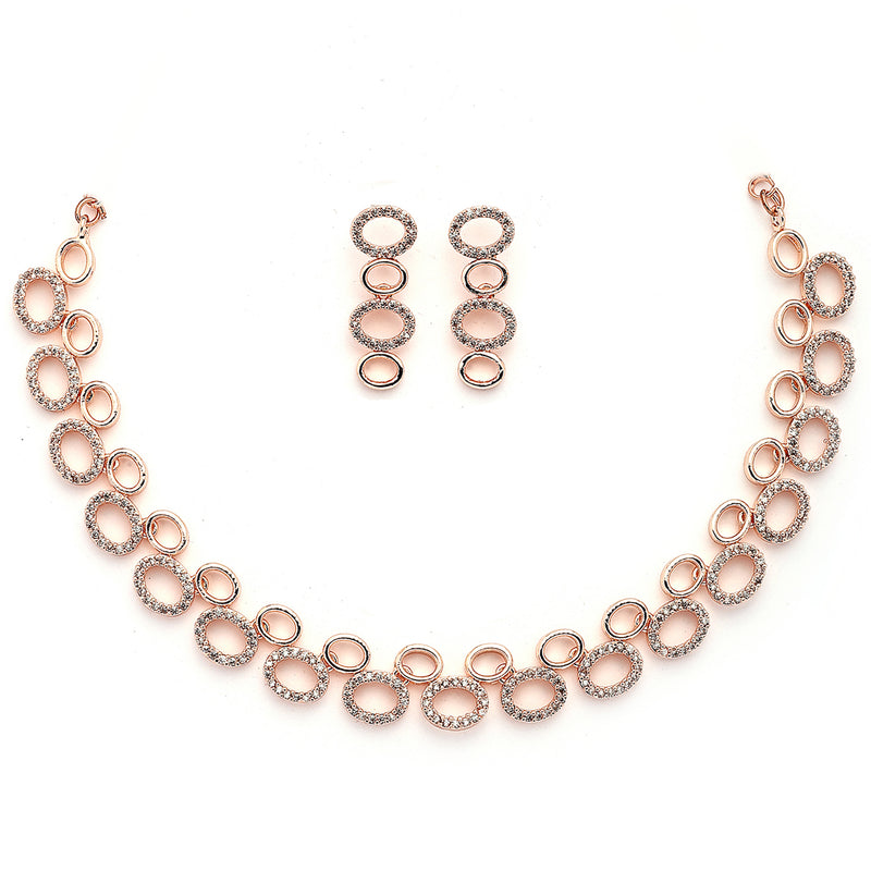 Rose Gold Plated Oval Shaped White American Diamond Studded Jewellery Set