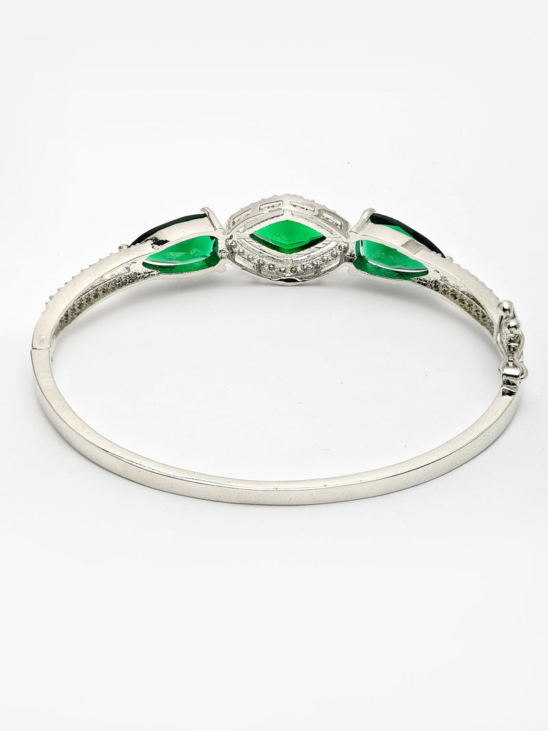 Rhodium Plated Silver Toned Teardrop Shaped Emerald Green American Diamond Studded Bracelet