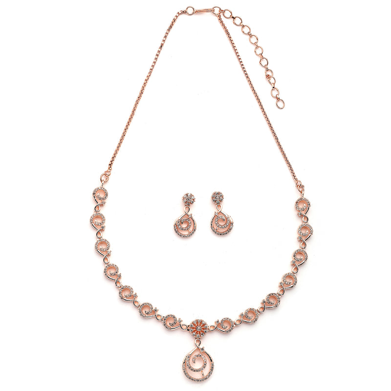 Rose Gold Plated Spiral Shaped White American Diamond Studded Jewellery Set