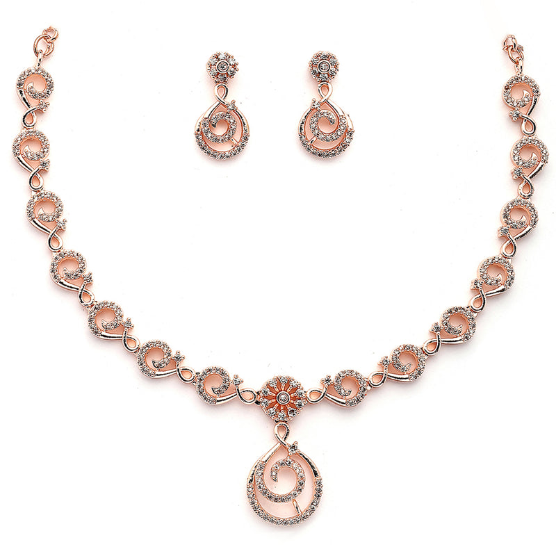 Rose Gold Plated Spiral Shaped White American Diamond Studded Jewellery Set