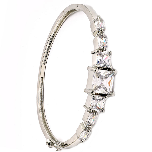 Rhodium Plated Silver Toned Square Shaped White American Diamond Studded Bracelet