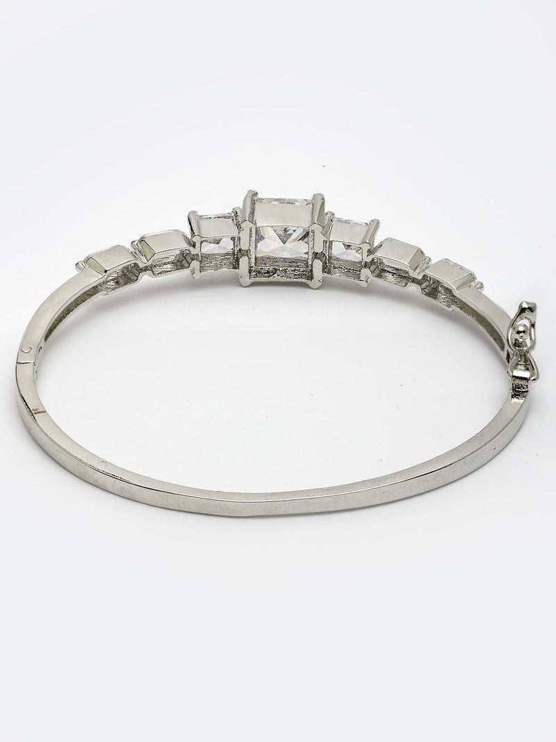 Rhodium Plated Silver Toned Square Shaped White American Diamond Studded Bracelet
