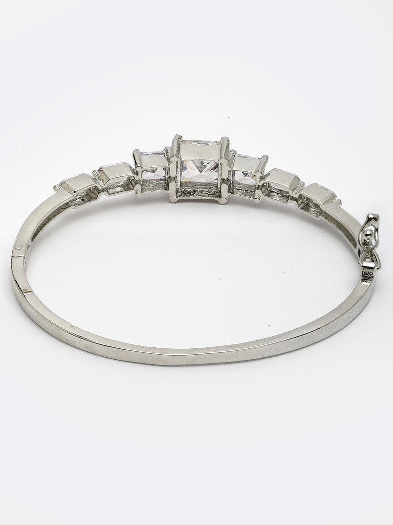 Rhodium Plated with Square Shaped White American Diamond Studded Kada Bracelet