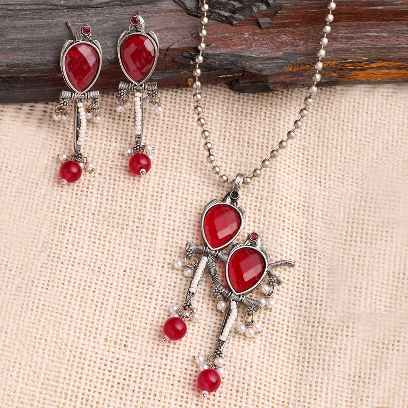 Oxidised Silver Toned Contemporary Red Cz Studded & Pearl Beaded Bird Shaped Pendant Jewellery Set