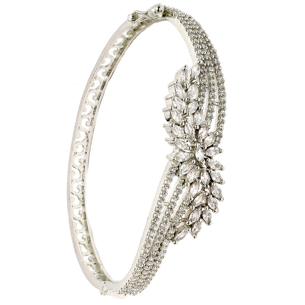 Rhodium Plated Silver Toned Leaf Shaped White American Diamond Studded  Bracelet