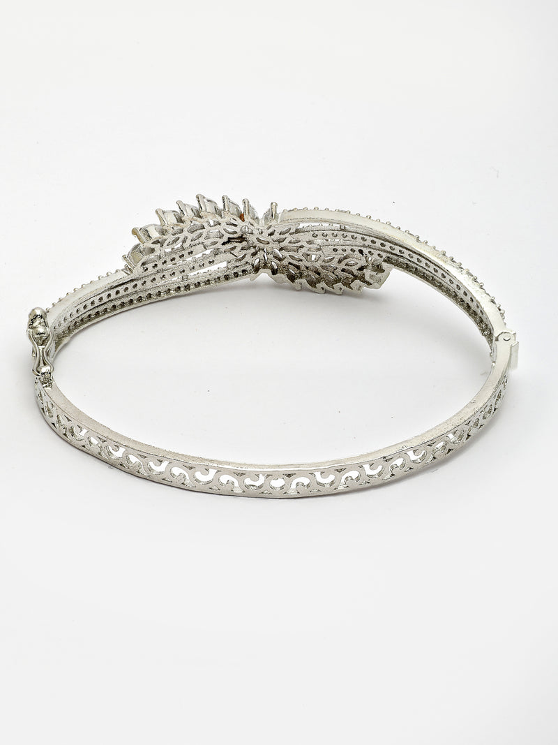 Rhodium Plated with White American Diamond Studded Leaf Design Kada Bracelet