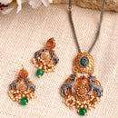 Oxidised Gold Plated Deer Shaped Green Stone Studded & Pearl Beaded Pendant Jewellery Set