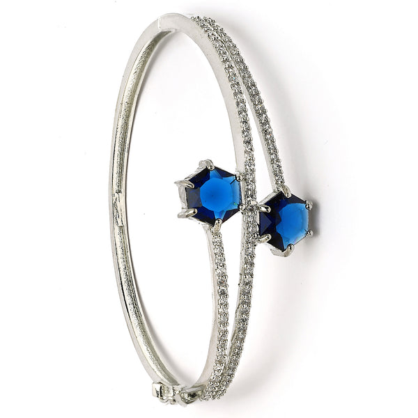Rhodium Plated Silver Toned Round Shaped  Blue American Diamond Studded  Bracelet