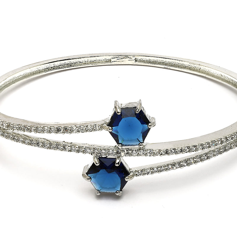 Rhodium Plated Silver Toned Round Shaped  Blue American Diamond Studded  Bracelet