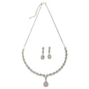 Rhodium Plated Silver Toned Teardrop Shaped Pink And White American Diamond Studded Jewellery Set