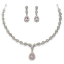 Rhodium Plated Silver Toned Teardrop Shaped Pink And White American Diamond Studded Jewellery Set