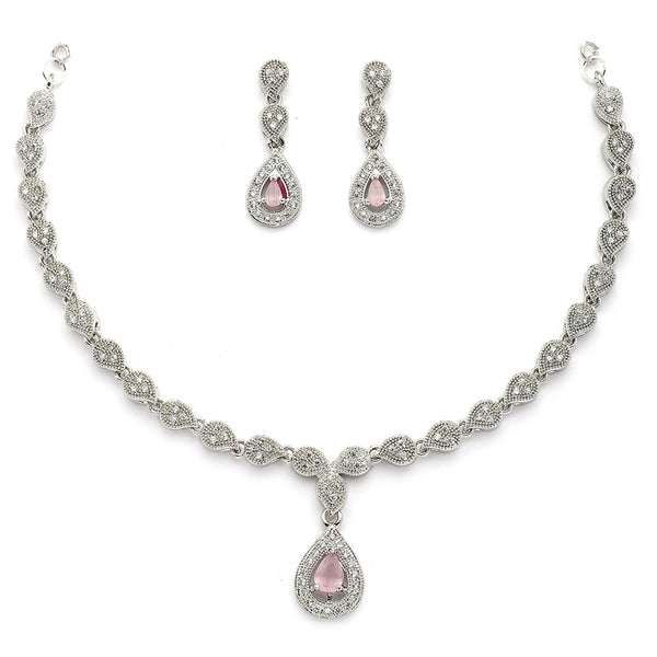 Rhodium Plated Silver Toned Teardrop Shaped Pink And White American Diamond Studded Jewellery Set